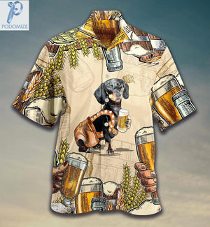 Black Dachshund Drinking Beer Pattern Hawaiian Shirt, Hawaiian For Gift