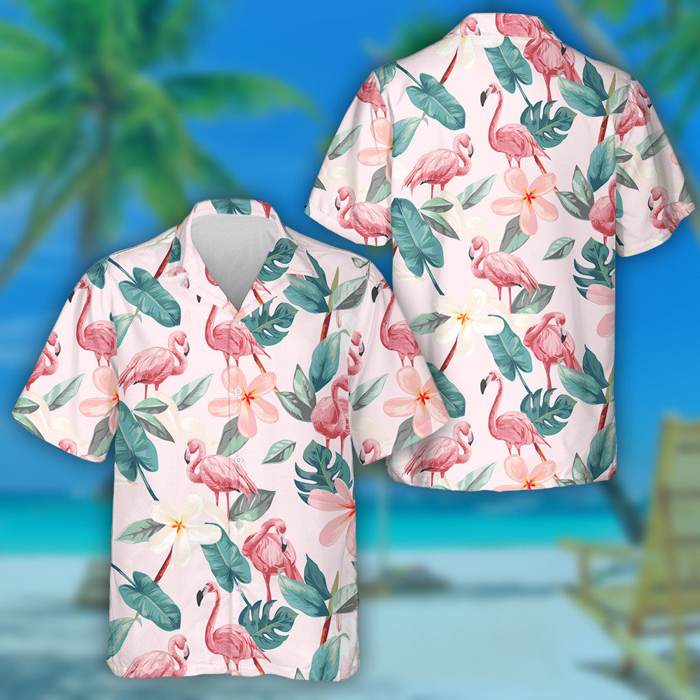 Beautiful Flamingos With Tropical Flowers Anf Leaves Hawaiian Shirt, Hawaiian Shirt Gift, Christmas Gift