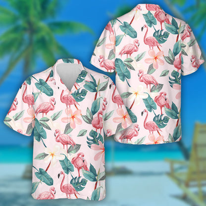Beautiful Flamingos With Tropical Flowers Anf Leaves Hawaiian Shirt, Hawaiian Shirt Gift, Christmas Gift