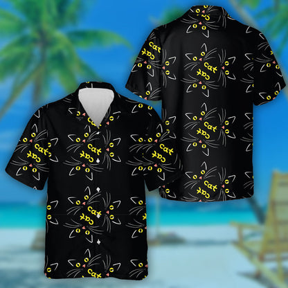 Cat Face On Black With Yellow Eyes Hawaiian Shirt, Hawaiian Shirt Gift, Christmas Gift