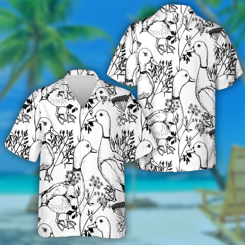 Hand Drawn Ducks And Herbs On White Hawaiian Shirt, Hawaiian Shirt Gift, Christmas Gift