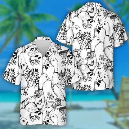 Hand Drawn Ducks And Herbs On White Hawaiian Shirt, Hawaiian Shirt Gift, Christmas Gift