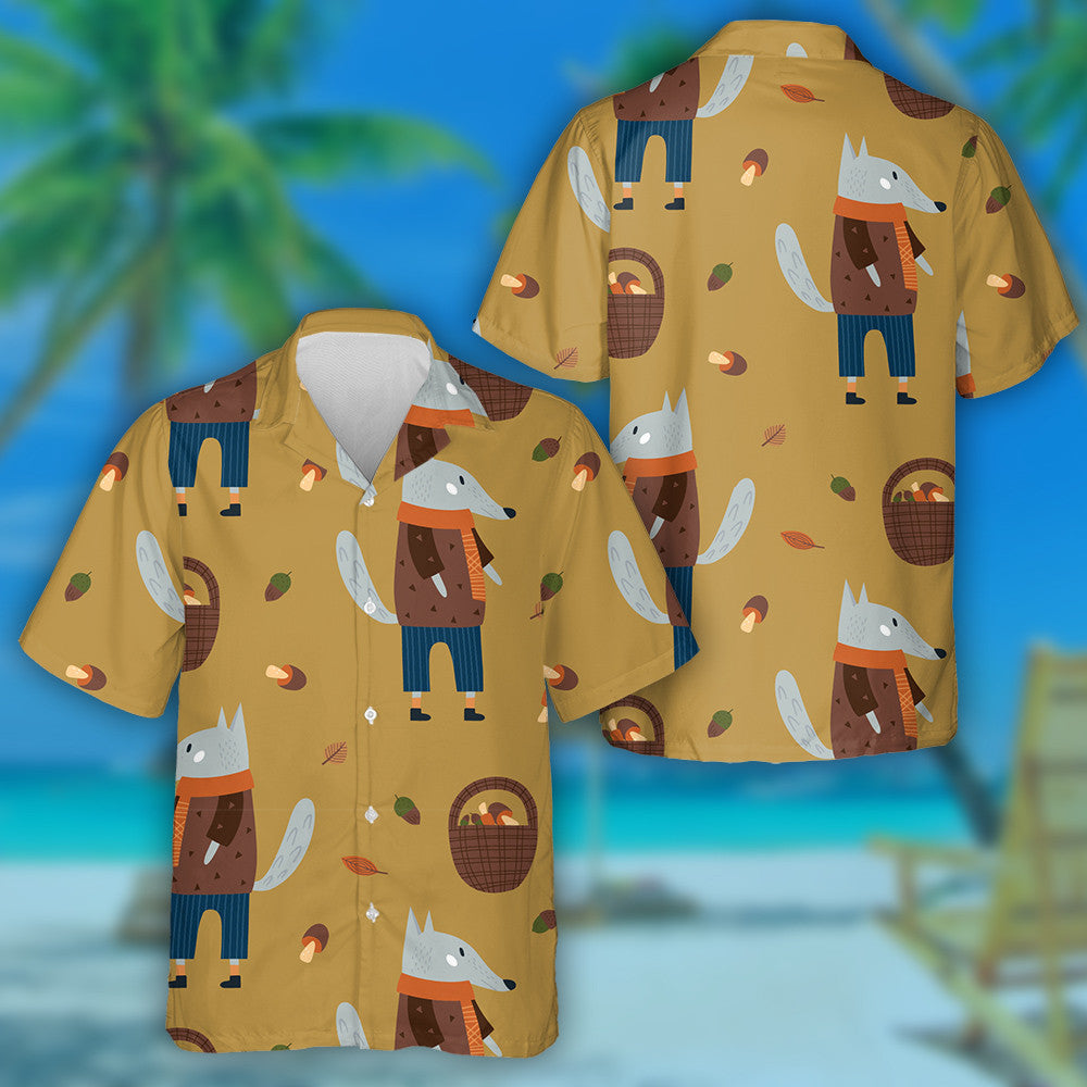 Cartoon Doodle Mushrooms And Wolf Modern Fall Hawaiian Shirt, Hawaiian Shirt Gift, Christmas Gift