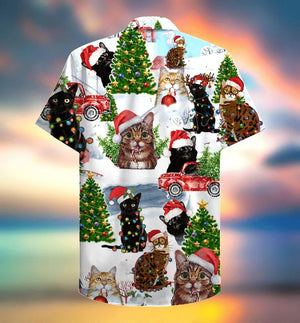 Cat Christmas Santa Kitten On Red Truck Hawaiian Shirt, Hawaiian Shirt Gift, Christmas Gift.