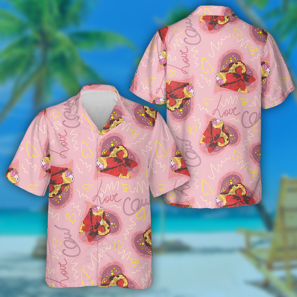 Hand Drawn Love Red Cows With Hearts Hawaiian Shirt, Hawaiian Shirt Gift, Christmas Gift