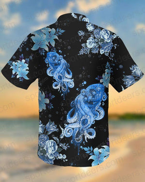 Blue Octopus Pattern Black Theme Hawaiian Shirt, Hawaiian For Gift