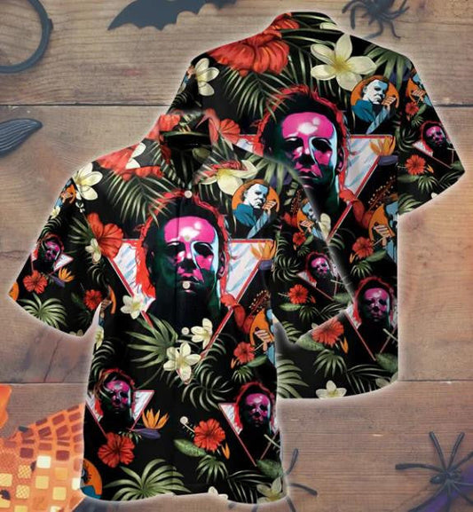 Horror Skull Geometry With Tropical Plants Hawaiian Shirt, Hawaiian For Gift