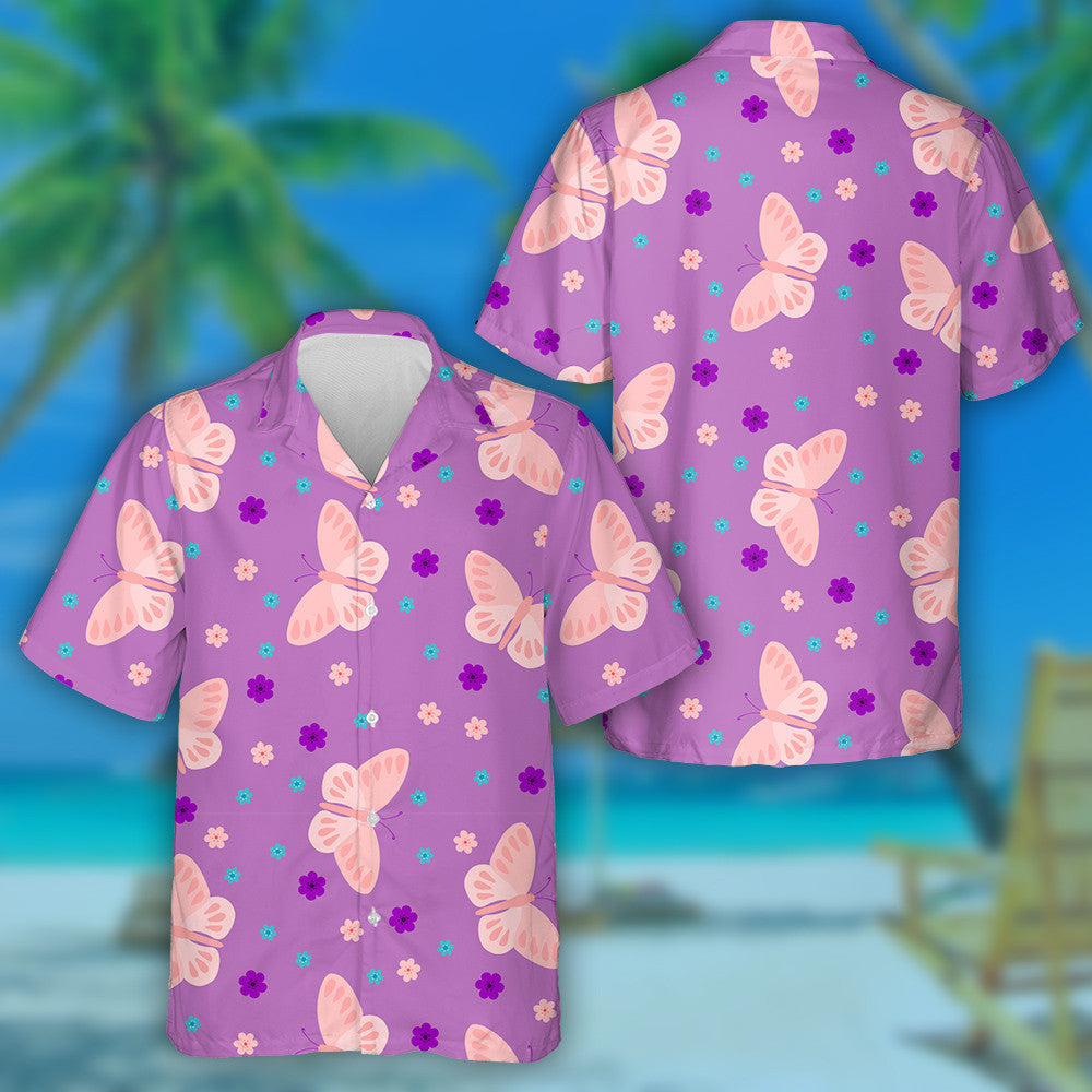 Theme Pink Butterflies On A Purple Background Hawaiian Shirt, Hawaiian Shirt Gift, Christmas Gift