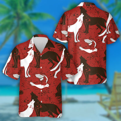 Raven Bird And Wolf On Red Background Hawaiian Shirt, Hawaiian Shirt Gift, Christmas Gift