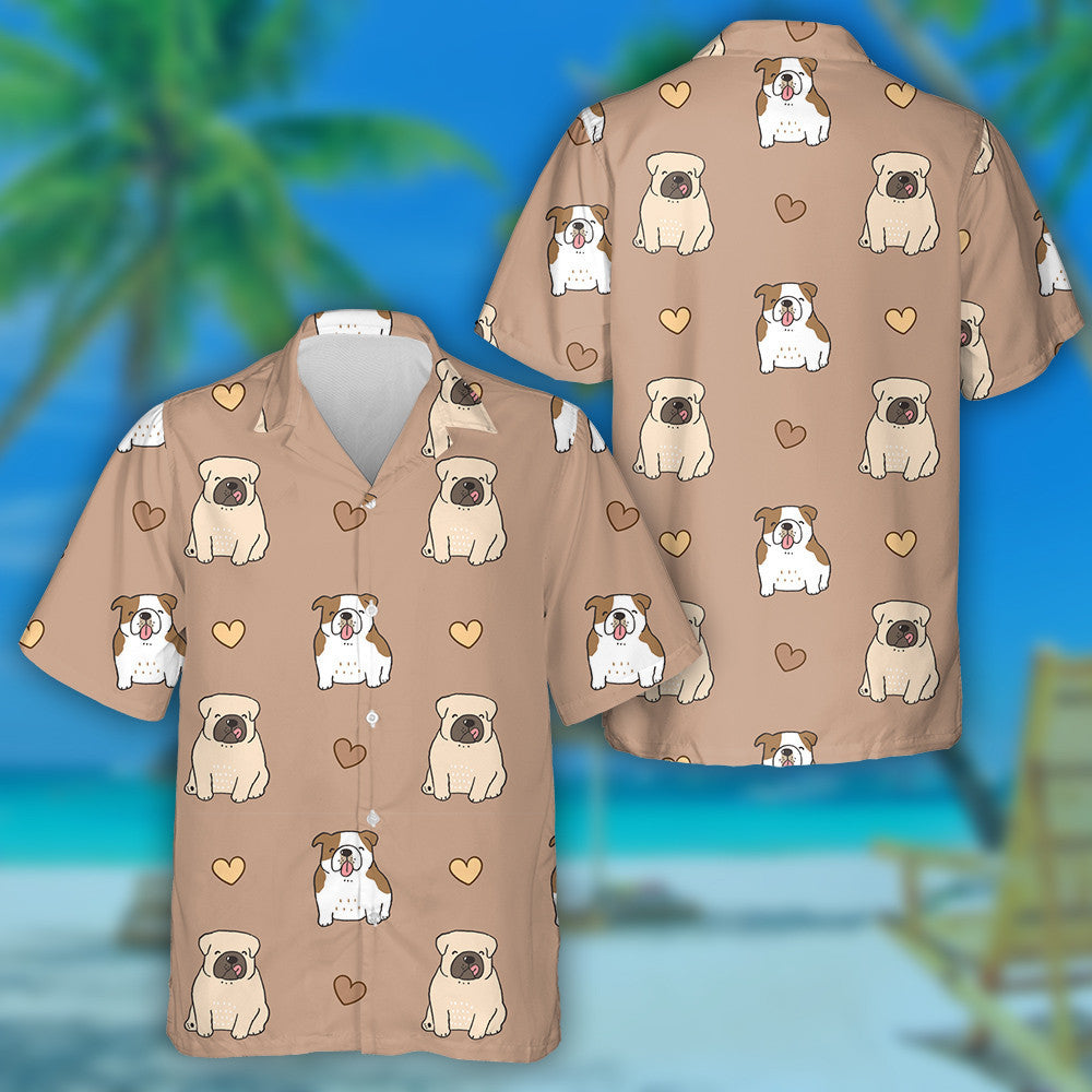 Cartoon Bulldog And Heart On Brown Background Hawaiian Shirt, Hawaiian Shirt Gift, Christmas Gift