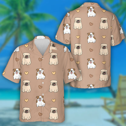 Cartoon Bulldog And Heart On Brown Background Hawaiian Shirt, Hawaiian Shirt Gift, Christmas Gift