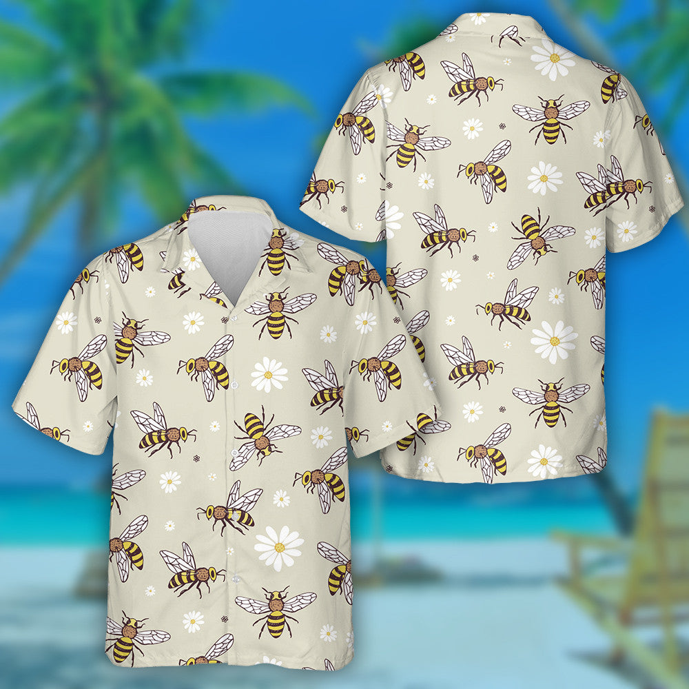 Flying Cartoon Bees And Flowers On Grey Hawaiian Shirt, Hawaiian Shirt Gift, Christmas Gift