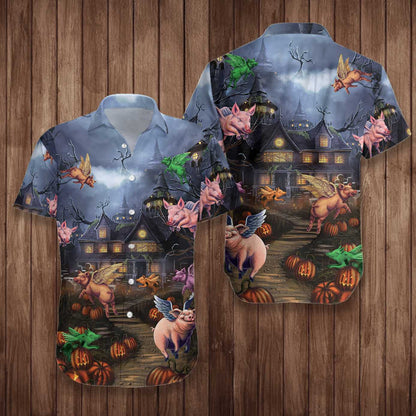 Scary Pigs Can Fly Dramatic Hawaiian Shirt,Hawaiian Shirt Gift, Christmas Gift