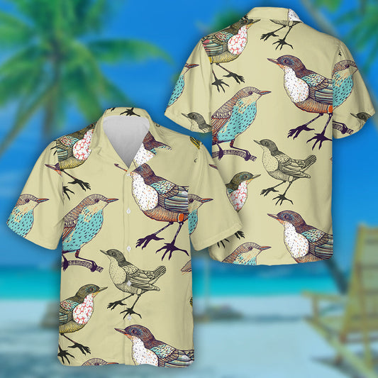 Beautiful Colorful Birds On Beige Background Hawaiian Shirt, Hawaiian For Gift