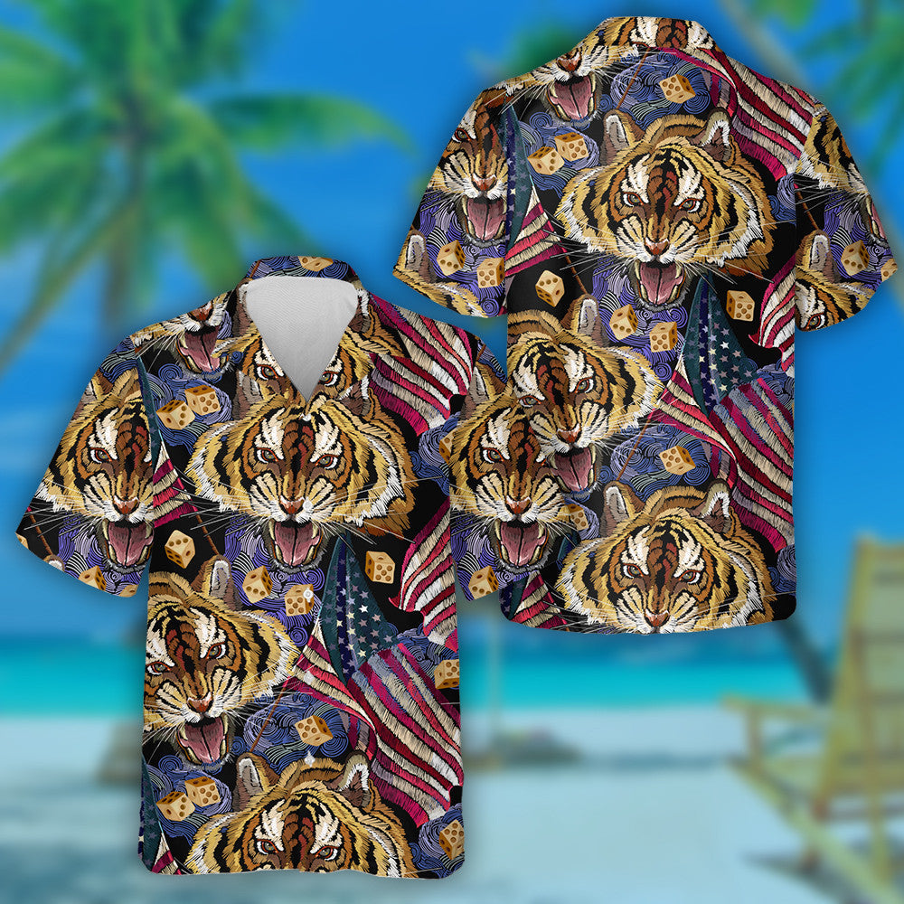 Roaring Tiger King With American Flag Pattern Hawaiian Shirt, Hawaiian Shirt Gift, Christmas Gift
