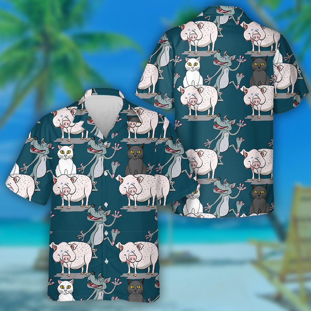 Smiling Wolf Face With Cat And Pig Hawaiian Shirt, Hawaiian Shirt Gift, Christmas Gift