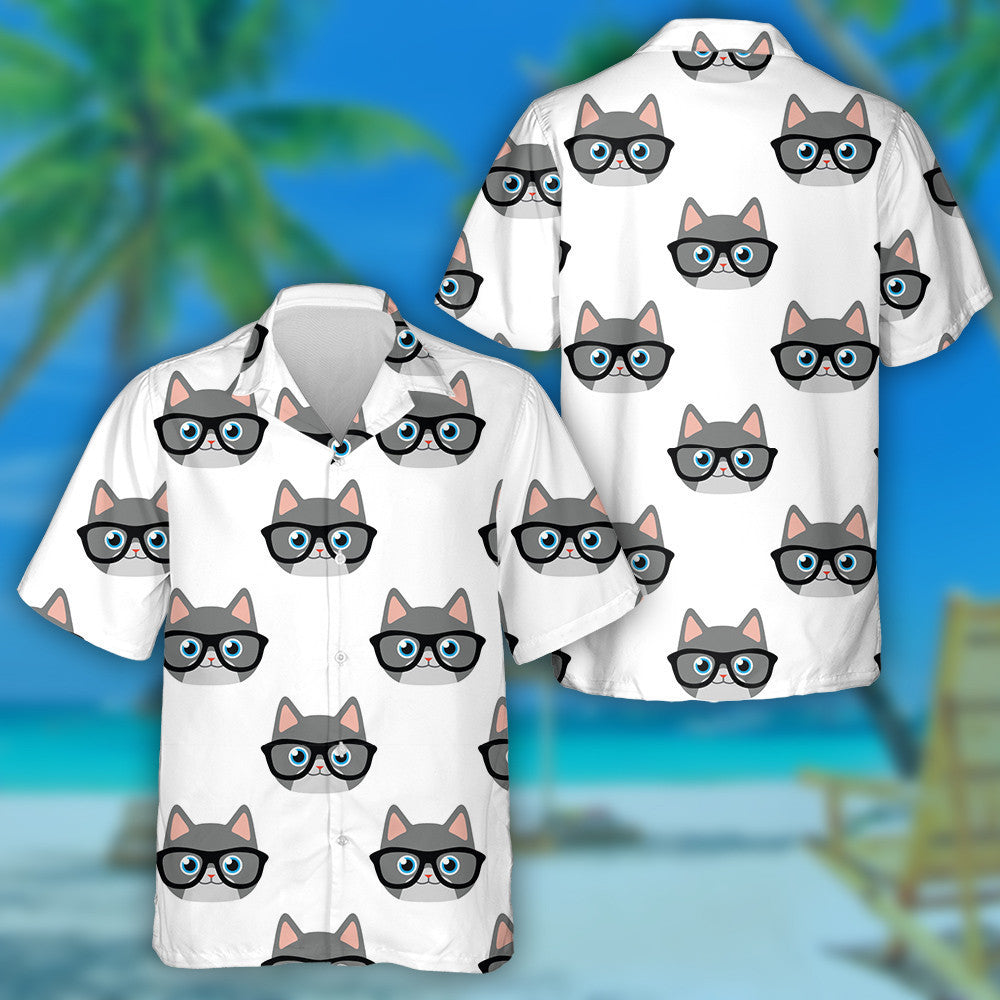 Grey Cat Face In Glasses On White Hawaiian Shirt, Hawaiian Shirt Gift, Christmas Gift