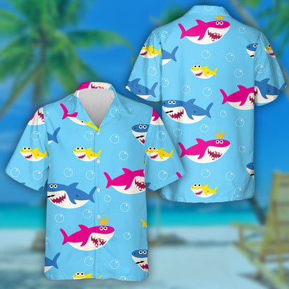 Lovely Shark Family Under Light Blue Ocean Background Hawaiian Shirt, Hawaiian Shirt Gift, Christmas Gift