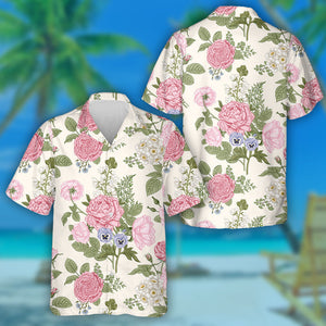 Hand Drawn Pink Rose Blooming Garden Themed Design Hawaiian Shirt, Hawaiian Shirt Gift, Christmas Gift
