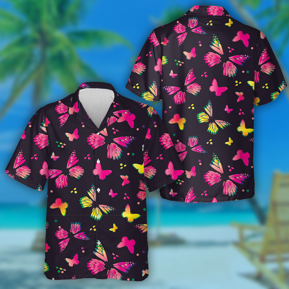 Colorful Yellow And Pink Butterflies On Black Hawaiian Shirt, Hawaiian Shirt Gift, Christmas Gift