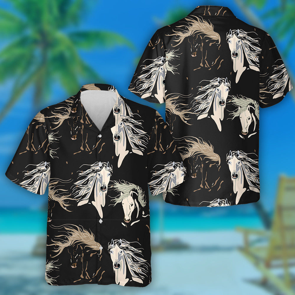 Cearnóg Capall Galloping Cúlra Dath Dubh Beige Léine Haváís, Bronntanas Léine Haváís, Bronntanas Nollag