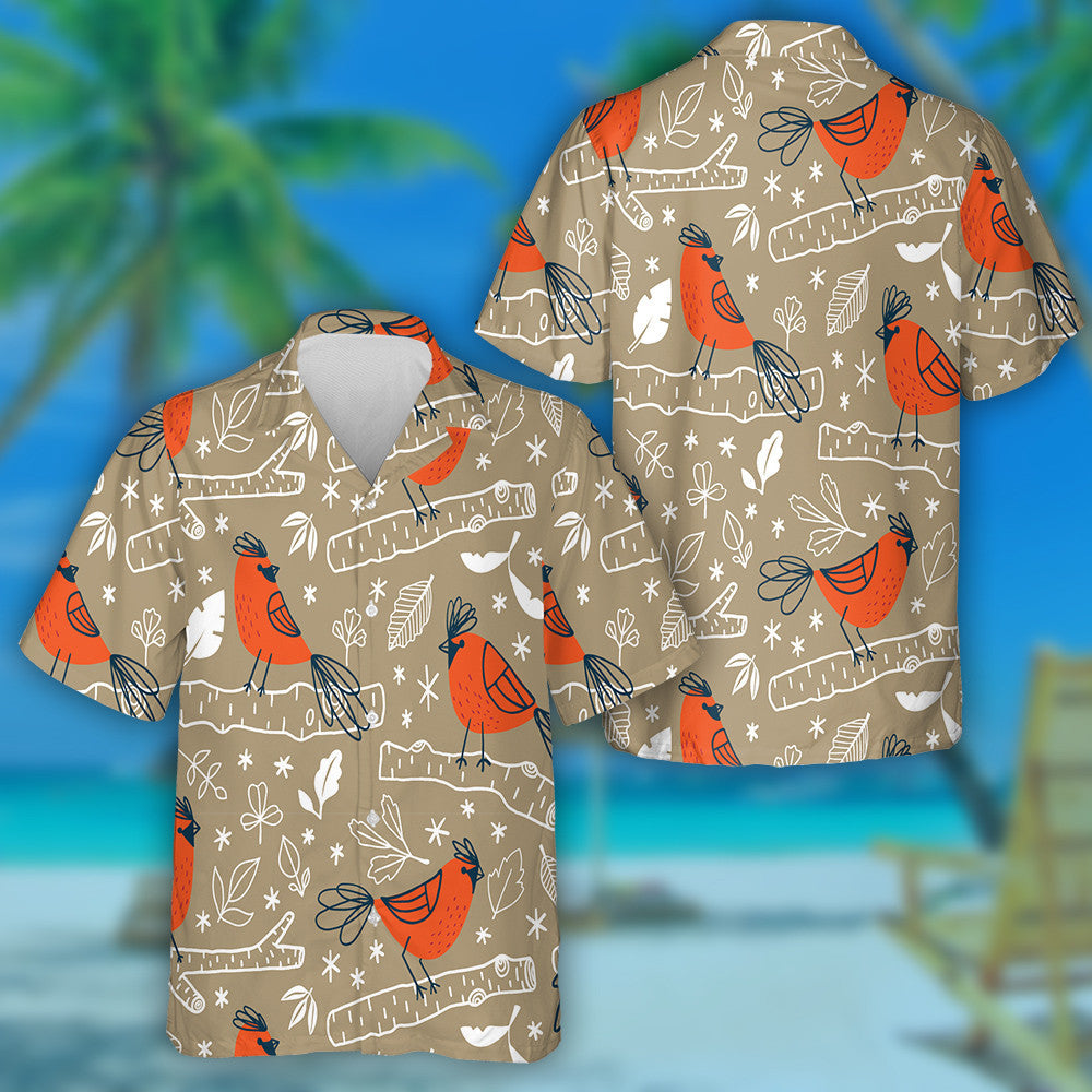 Little Cartoon Red Cardinal Bird And Branches Hawaiian Shirt, Hawaiian Shirt Gift, Christmas Gift