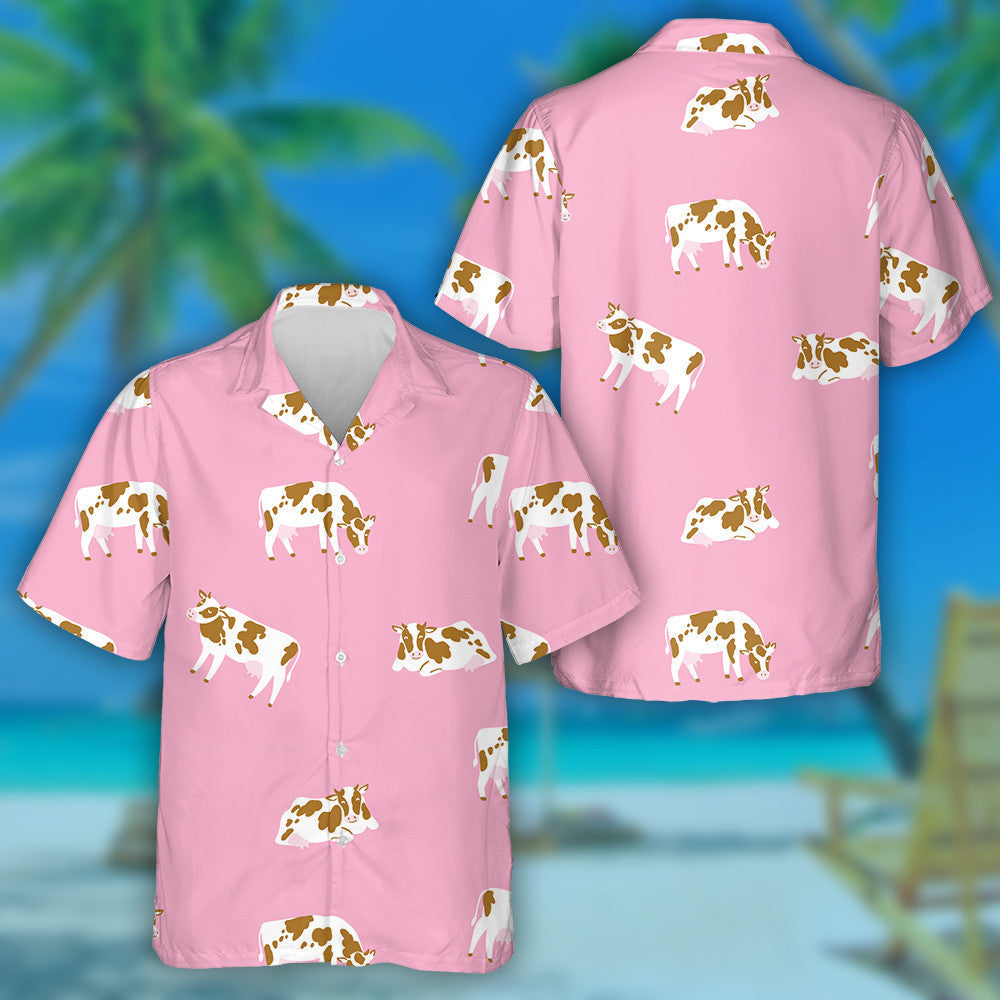 Cute Cow Cattle On Pink Background Hawaiian Shirt,Hawaiian Shirt Gift, Christmas Gift