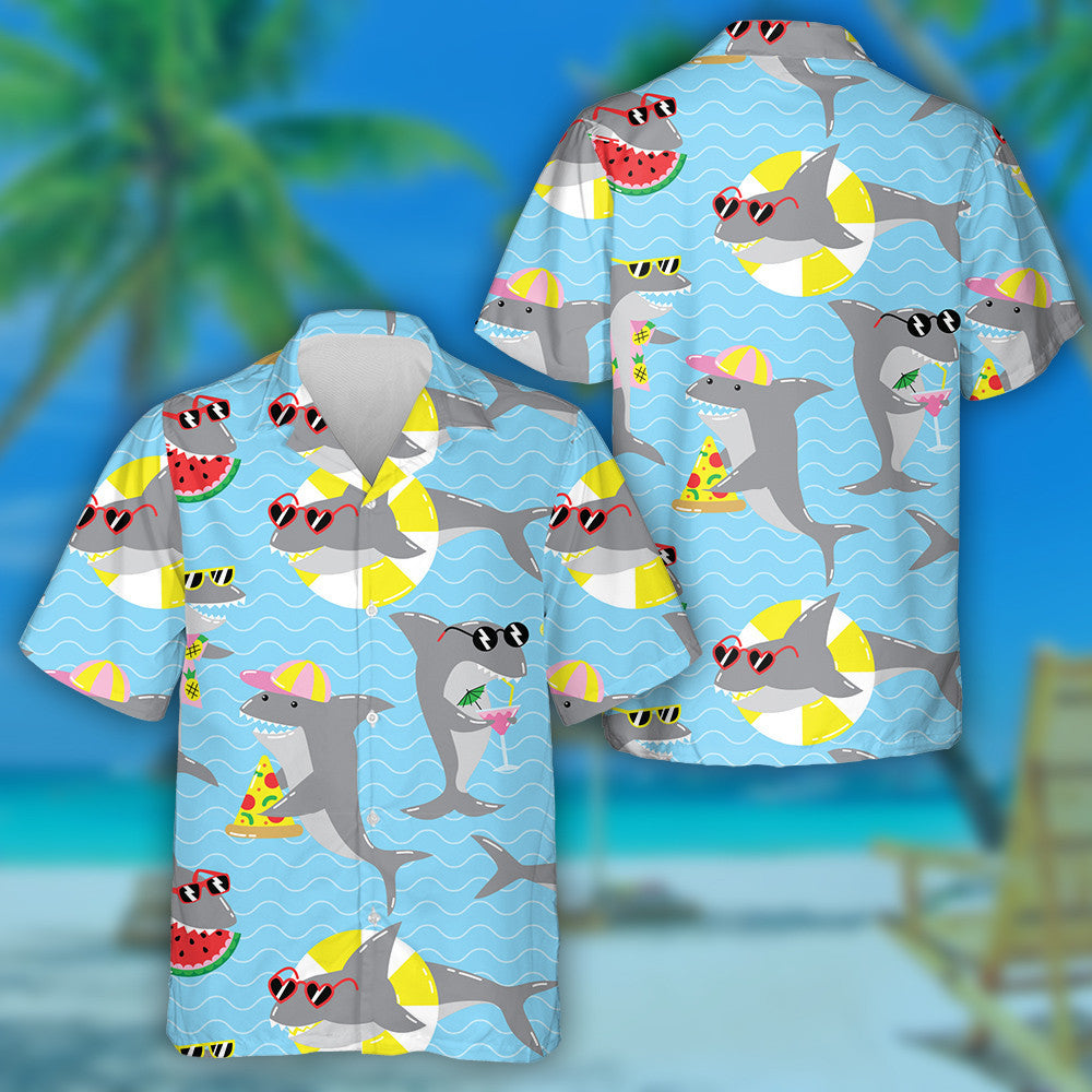 Summer Holiday Pattern With Cool Sharks In Sunglasses Hawaiian Shirt, Hawaiian Shirt Gift, Christmas Gift