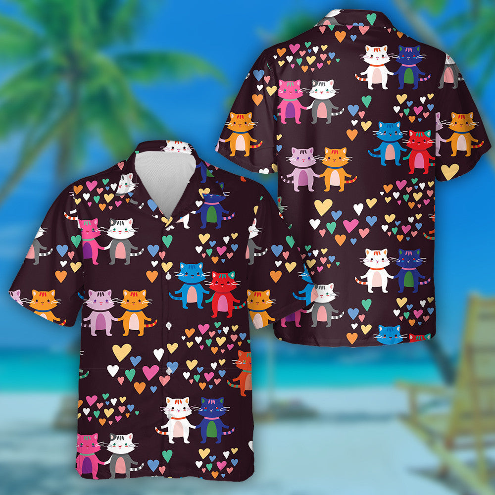 Loving Cats And Many Multi Colored Hearts Hawaiian Shirt, Hawaiian Shirt Gift, Christmas Gift