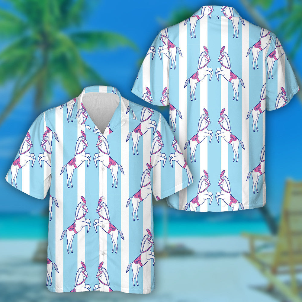 Circus Horses Standing White And Blue Stripes Hawaiian Shirt, Hawaiian Shirt Gift, Christmas Gift