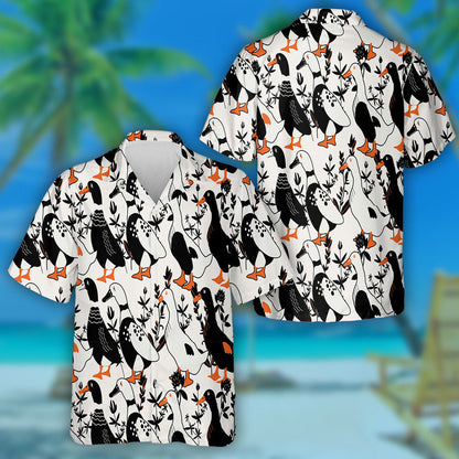 Cartoon Black White Ducks And Herbs Hawaiian Shirt, Hawaiian For Gift