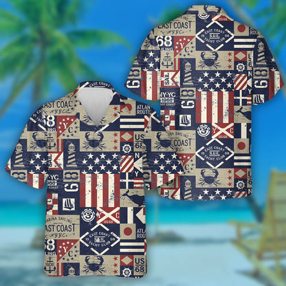Vintage East Coast Nautical Flags Symbols Patchwork Hawaiian Shirt, Hawaiian Shirt Gift, Christmas Gift