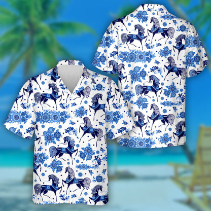 Fashion Texture With Stylized Horses And Flowers Hawaiian Shirt, Hawaiian Shirt Gift, Christmas Gift