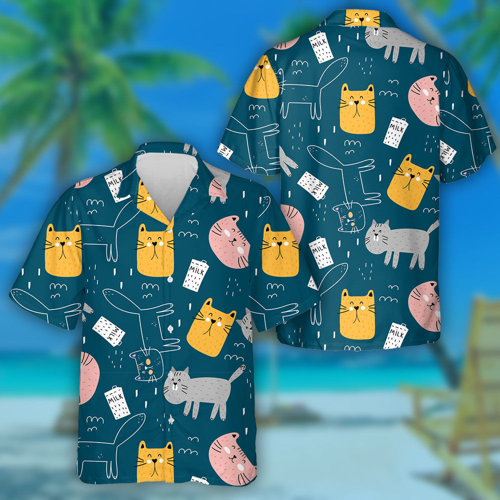 Cartoon Cats And Milk With Decor Elements Hawaiian Shirt, Hawaiian Shirt Gift, Christmas Gift