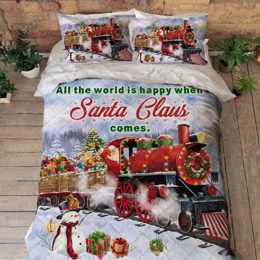 Christmas Quilt bedding Set, All the world is happy when Santa Claus comes, Santa Train Bedroom Set Bedlinen 3D ,Bedding Christmas Gift,Bedding Set Christmas