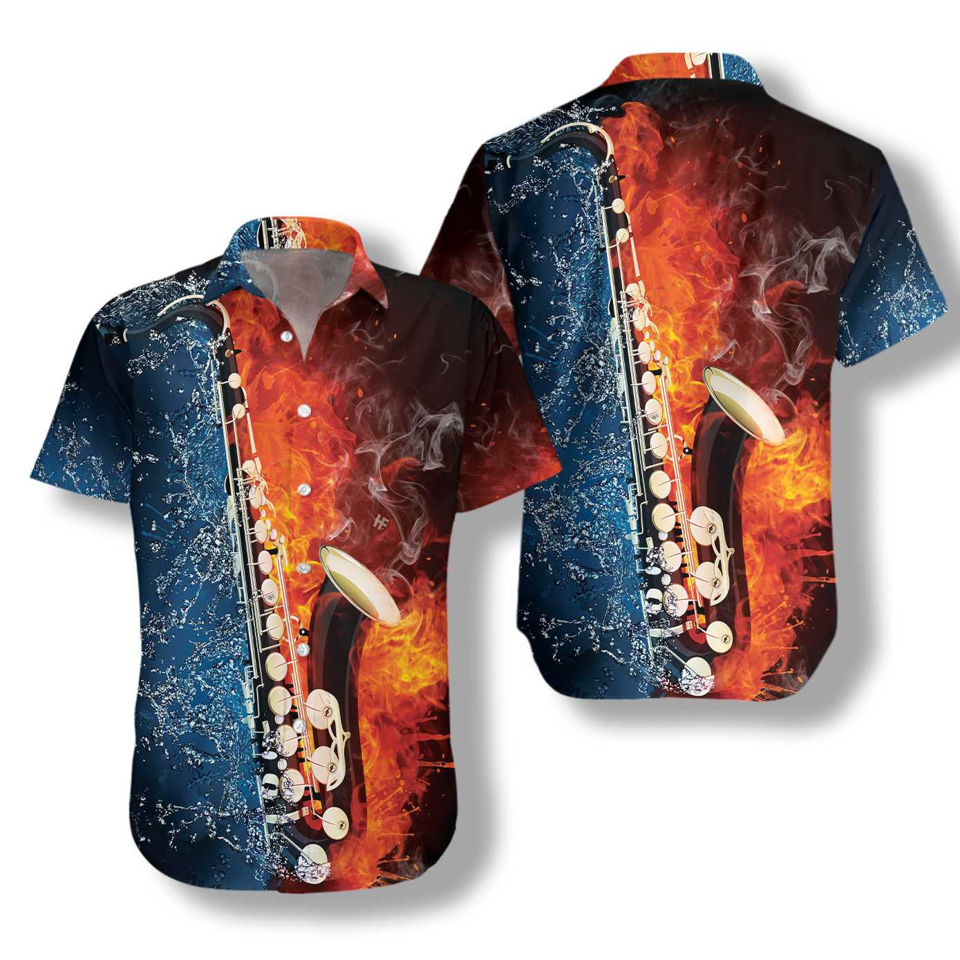 Nice Saxophone With Water And Flame Hawaiian Shirt,Hawaiian Shirt Gift, Christmas Gift