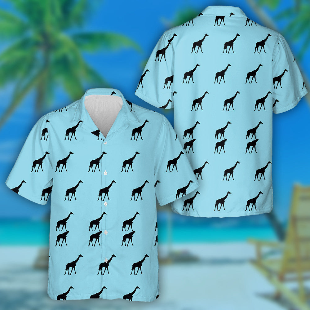 Black Giraffe Silhouette On Blue Background Pattern Hawaiian Shirt, Hawaiian Shirt Gift, Christmas Gift