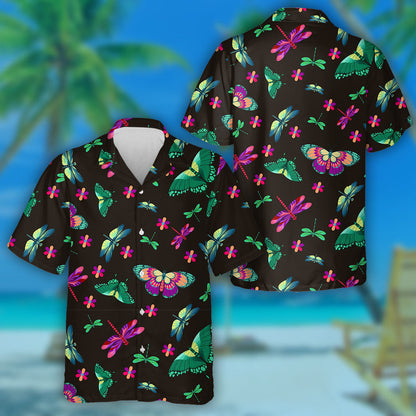Theme Butterfly And Dragonfly In Dark Background Hawaiian Shirt, Hawaiian Shirt Gift, Christmas Gift
