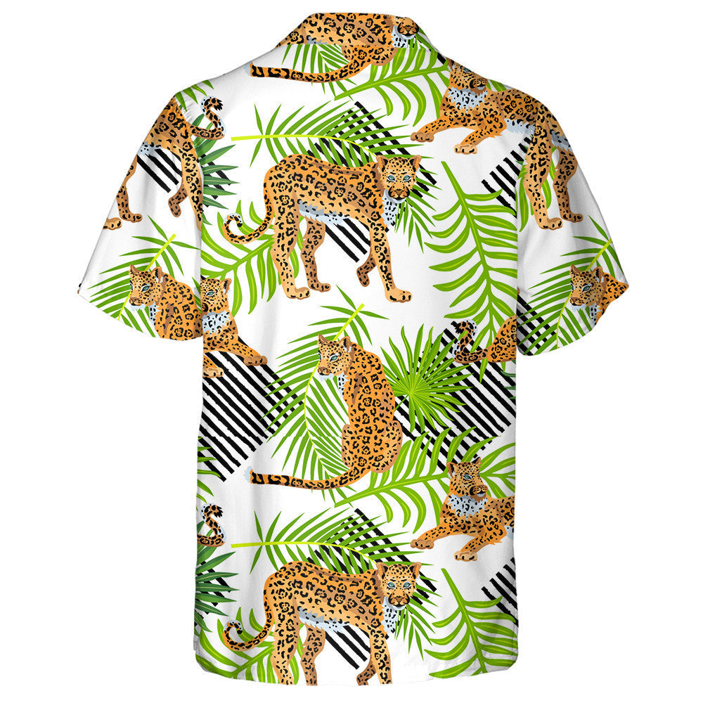 Tropical Leopards Palm Leaves And Stripes Style Hawaiian Shirt, Hawaiian Shirt Gift, Christmas Gift