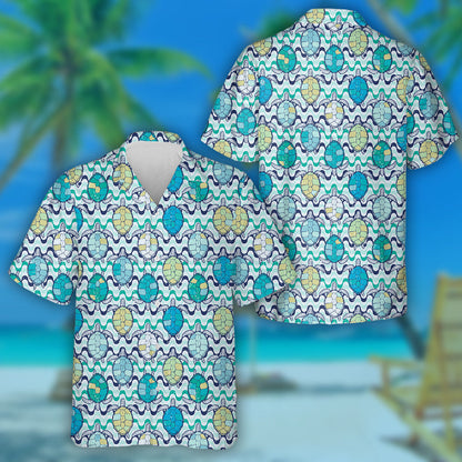 Sea Turtle With Geometric On Wave Hawaiian Shirt,Hawaiian Shirt Gift, Christmas Gift