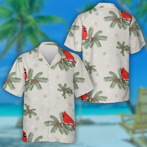 Red Cardinal Bird And Fir Branches On Gray Background Hawaiian Shirt, Hawaiian Shirt Gift, Christmas Gift