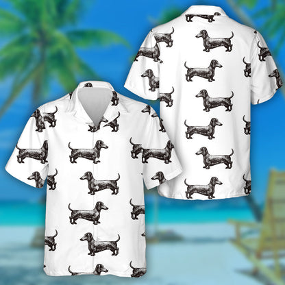 Hand Drawn Vintage Black Dachshund Dog Hawaiian Shirt, Hawaiian Shirt Gift, Christmas Gift
