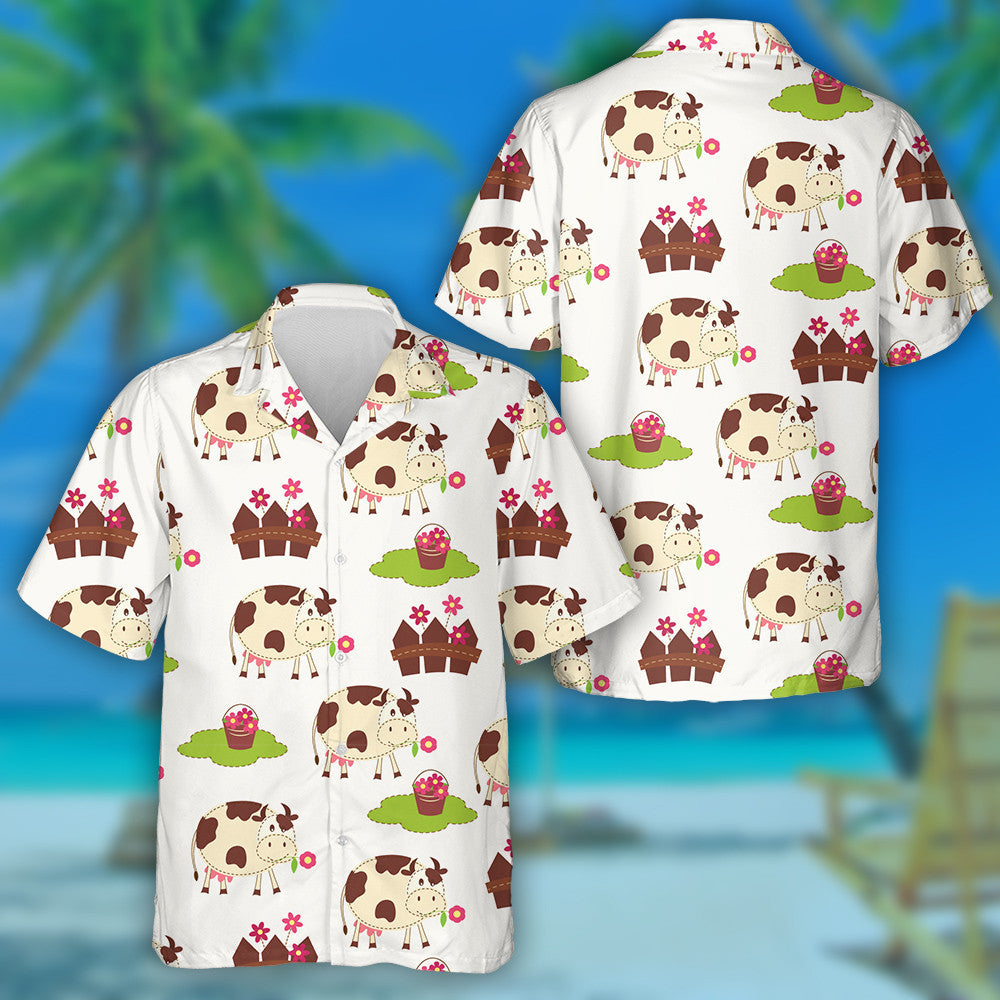 Cute Cow And Fence With Flower Bucket Hawaiian Shirt, Hawaiian Shirt Gift, Christmas Gift