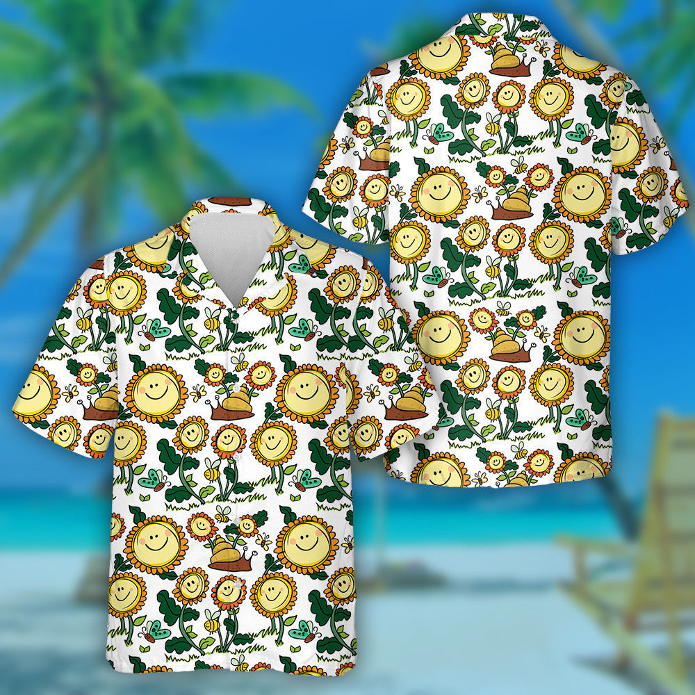 Cute Smiling Flowers And Snail Coloured With White Background Hawaiian Shirt, Hawaiian Shirt Gift, Christmas Gift