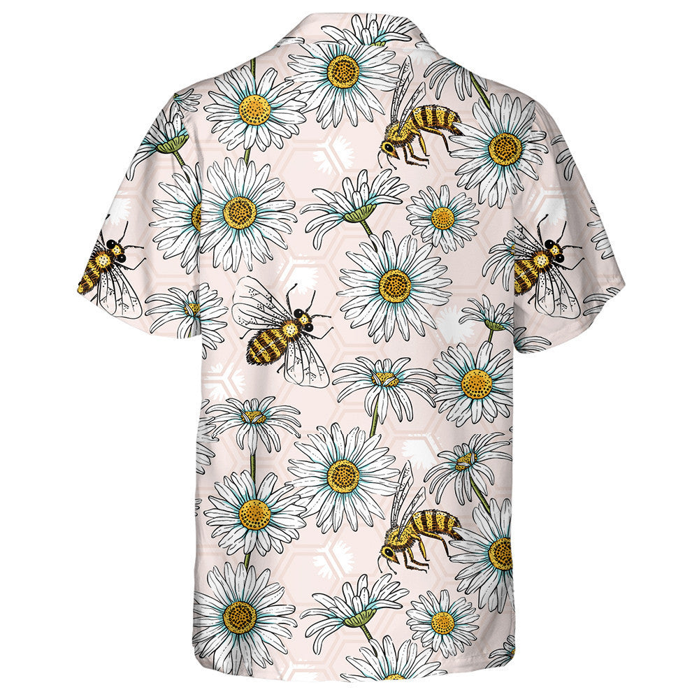 Natural Summer Daisies And Bees On Hexagon Hawaiian Shirt, Hawaiian Shirt Gift, Christmas Gift