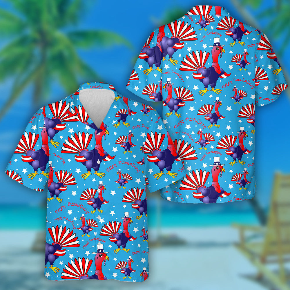 Happy Thanksgiving Cartoon Tturkey With National Flag Hawaiian Shirt, Hawaiian Shirt Gift, Christmas Gift