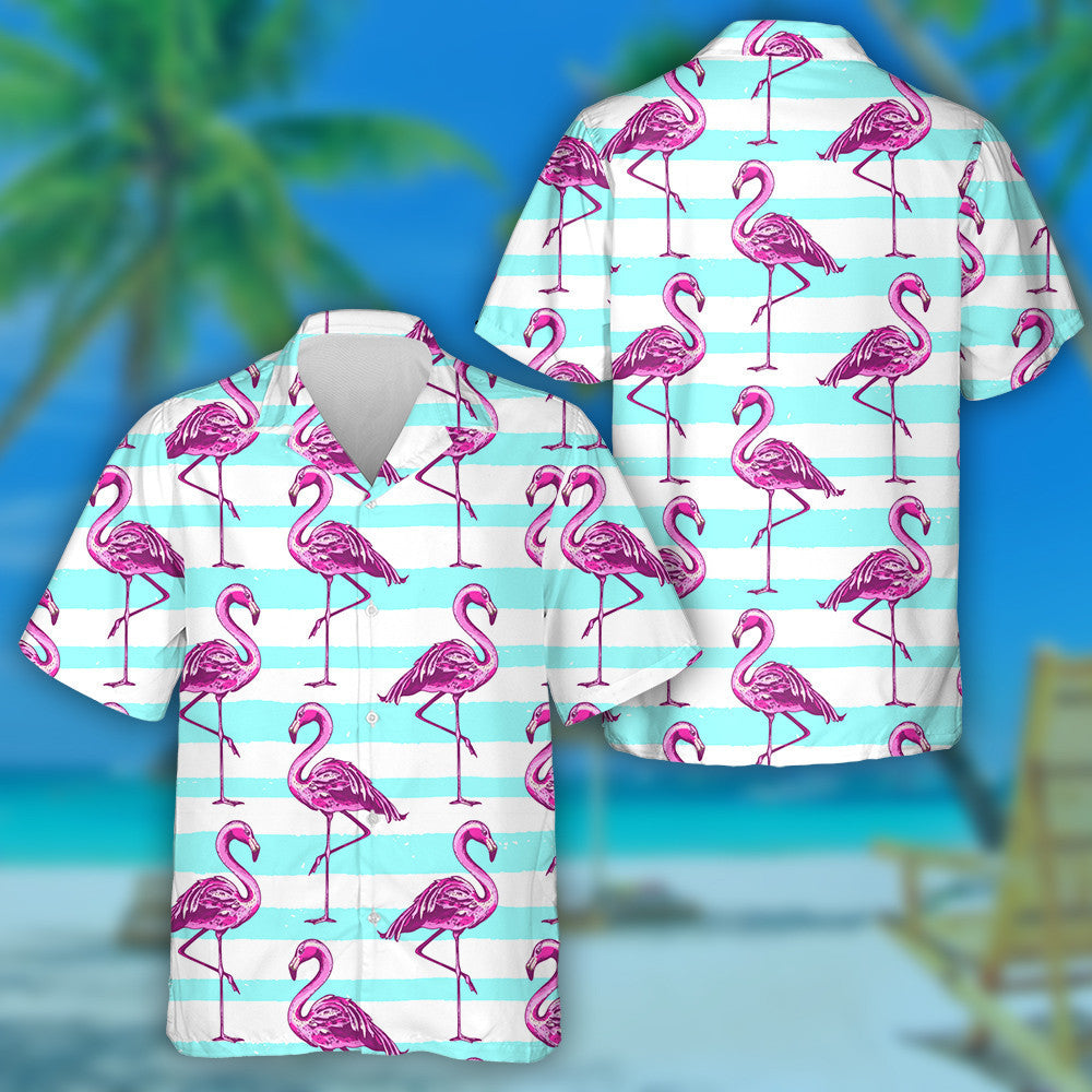 Summer With Pink Flamingo And Blue Lines Hawaiian Shirt,Hawaiian Shirt Gift, Christmas Gift