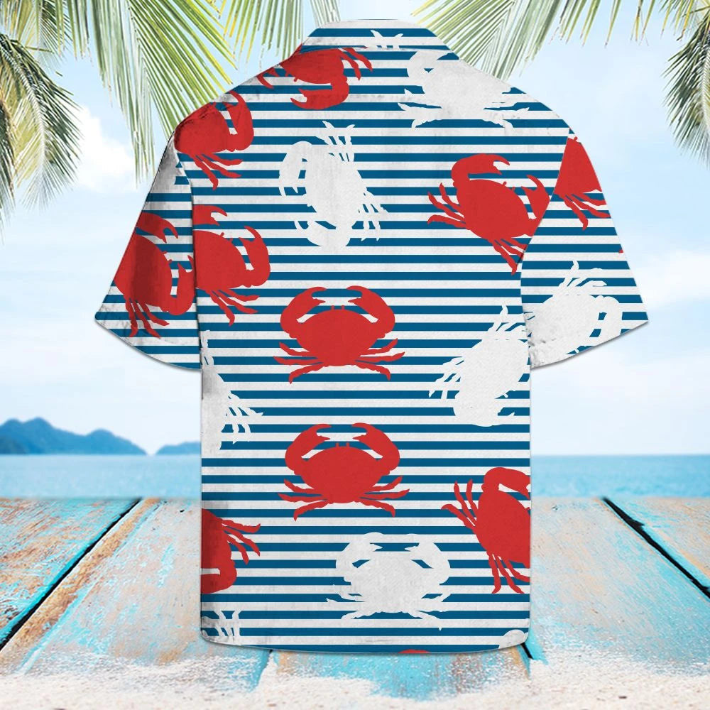 Amazing Crab On Blue Striped Pattern Hawaiian Shirt, Hawaiian For Gift