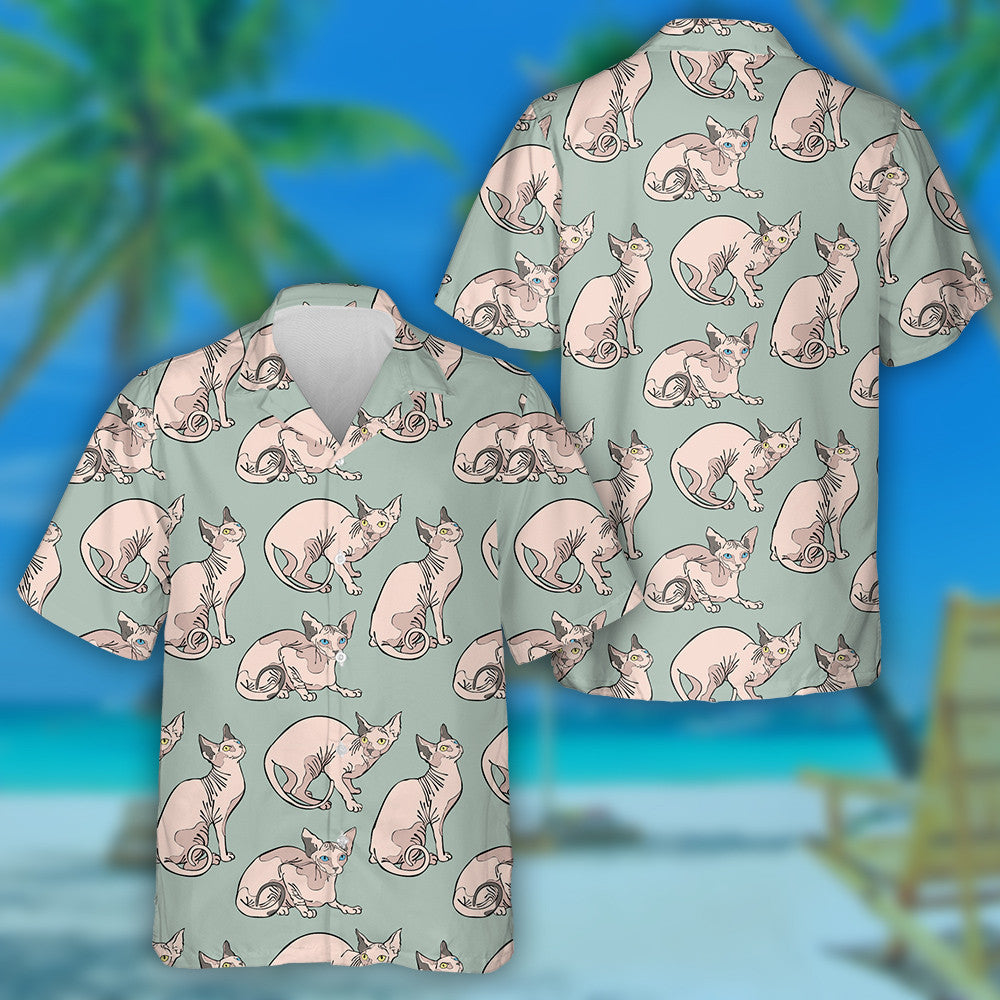 Pink Sphynx Cats In Cartoon Style Hawaiian Shirt,Hawaiian Shirt Gift, Christmas Gift