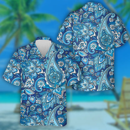 Bláthanna Traidisiúnta Paisley Agus Duilleoga i bPatrún Dath Gorm Léine Haváís, Bronntanas Léine Haváís, Bronntanas Nollag